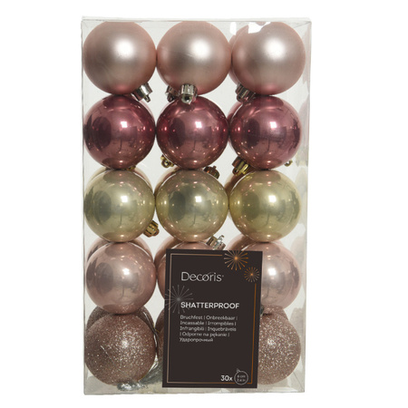 Kerstballen - 30x - kunststof - lichtroze/oudroze/champagne - 6 cm