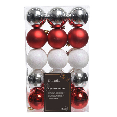 Plastic christmas baubles - 30x pcs - 6 cm - red/pearl white/silver