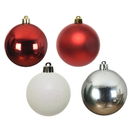 Kerstballen - 30x - kunststof - rood/wit parelmoer/zilver - 6 cm