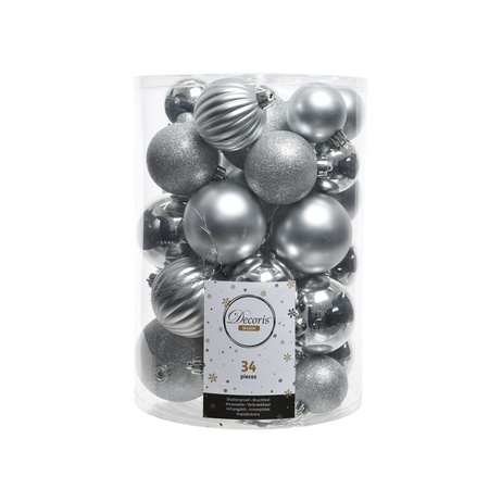Kerstballen - 34x st - zilver - 4, 6, 7 en 8 cm - kunststof - kerstversiering
