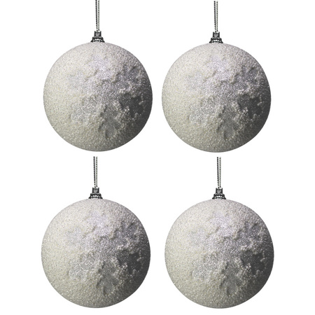 4x White plastic christmas baubles with snowflakes 8 cm