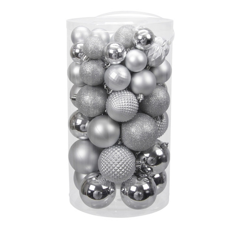 60x Silver Christmas baubles shiny/matt/glitter 4-7 cm plastic 