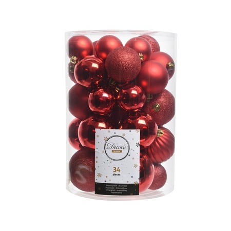 Kerstballen en ornamenten - 34x st - rood - kunststof - kerstballen en dennenappels