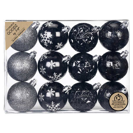 Kerstballen gedecoreerd - 12x st - zwart - 6 cm -kunststof