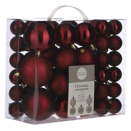 Kerstballenpakket 46x donkerrode kunststof kerstballen mix