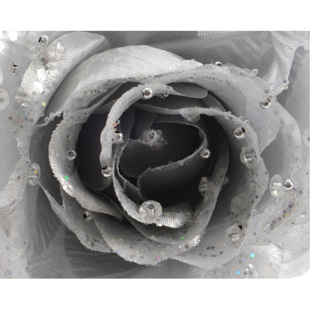 Kerstboom bloem op clip - zilver - 14 cm - kunststof - roos - kerstbloemen