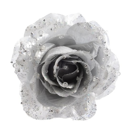 Kerstboom bloem op clip - zilver - 14 cm - kunststof - roos - kerstbloemen