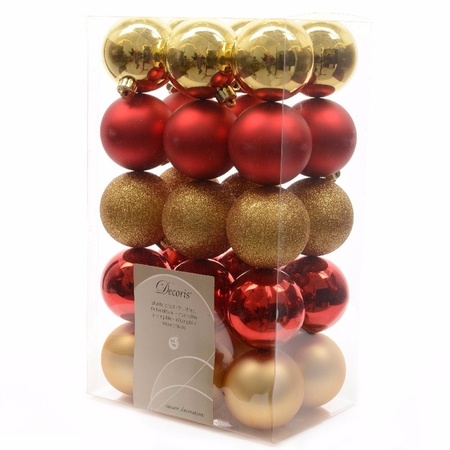 Woondecoratie goud/rode kerstballen in vaas