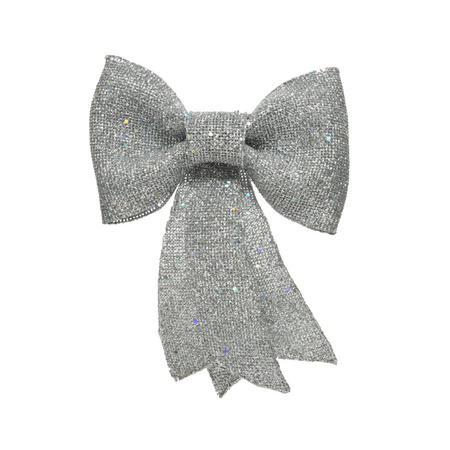 Christmas tree decoration bow - silver - 14 cm - glitter sequins 