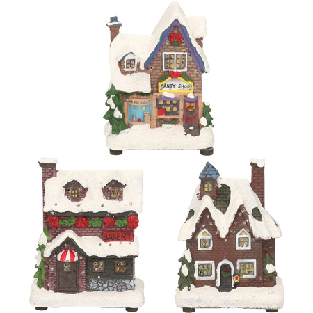 Christmas village set of 3x houses with Led lights 12 cm