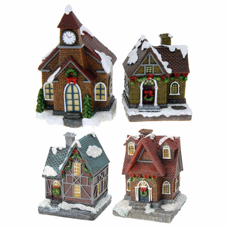 Kerstdorp huisjes set van 4x huisjes met Led verlichting 13.5 cm