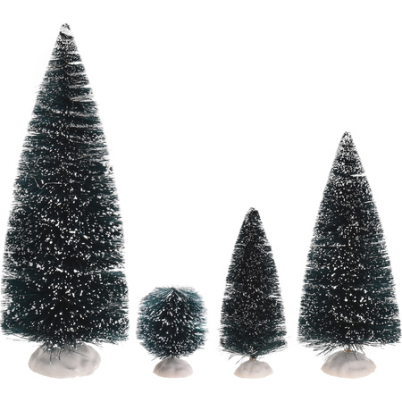 Kerstdorp onderdelen 9x decoratie dennenbomen/kerstbomen besneeuwd