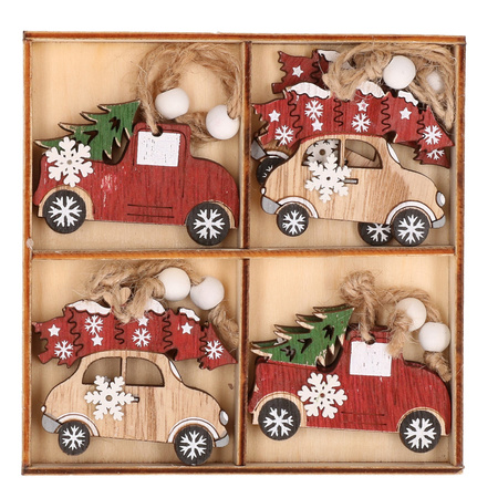 Set of 8x wooden cars christmas decorations 6 x 5 cm