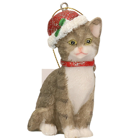 Christmas hanging decoration grey cat with santa hat 9 cm