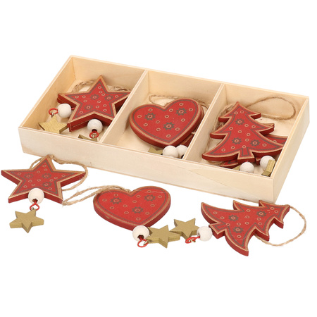Kersthangers set van 12x rode houten ornamenten 10 cm