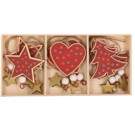 Kersthangers set van 12x rode houten ornamenten 10 cm