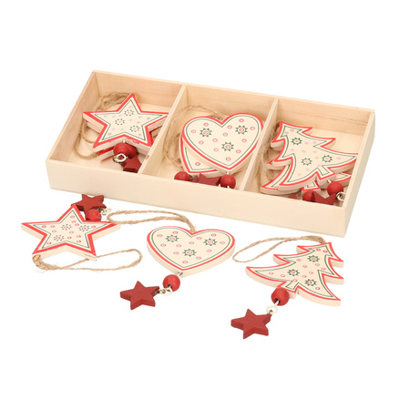 12x Wooden christmas tree decoration figures white and red 10 cm