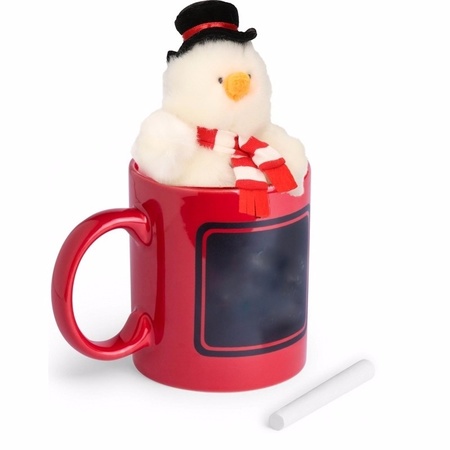 Red mug with plush snowman