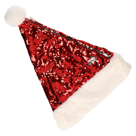Shiny sequins christmas hats red/silver for adults