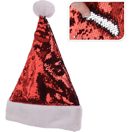 Shiny sequins christmas hats red/silver for adults