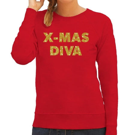 Kersttrui Christmas Diva gouden glitter letters rood dames