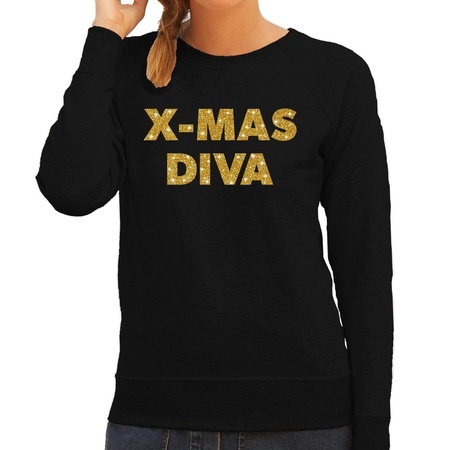 Kersttrui Christmas Diva gouden glitter letters zwart dames