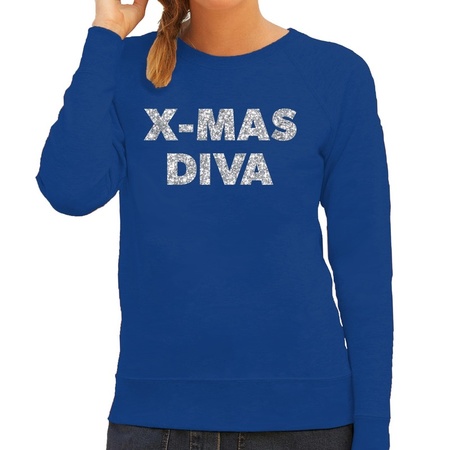 Kersttrui Christmas Diva zilveren glitter letters blauw dames