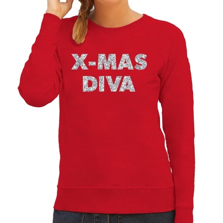 Kersttrui Christmas Diva zilveren glitter letters rood dames