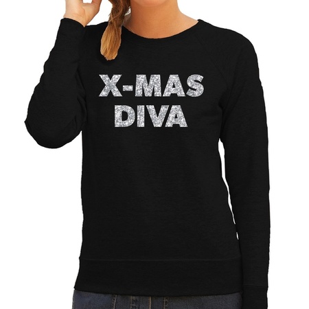Kersttrui Christmas Diva zilveren glitter letters zwart dames