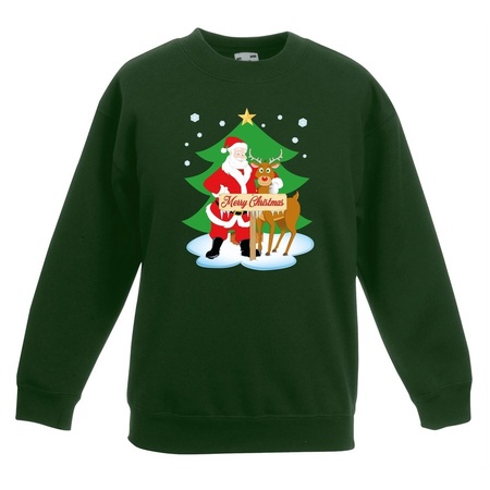 Christmas sweater green  Santa and Rudolph for kids
