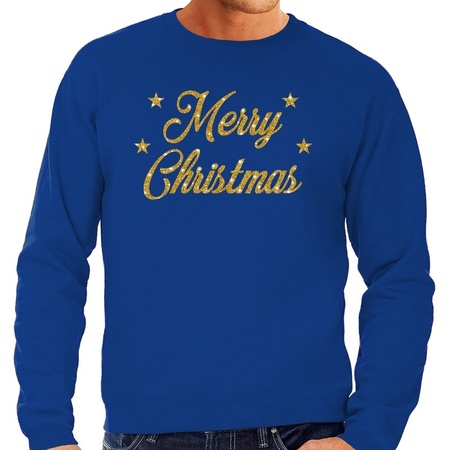 Blue Christmas sweater Merry Christmas gold for men