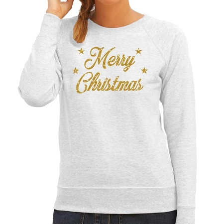 Grey Christmas sweater Merry Christmas gold for women