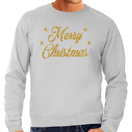 Grey Christmas sweater Merry Christmas gold for men