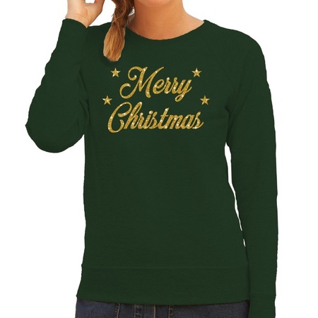 Green Christmas sweater Merry Christmas gold for women