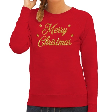 Red Christmas sweater Merry Christmas gold for women