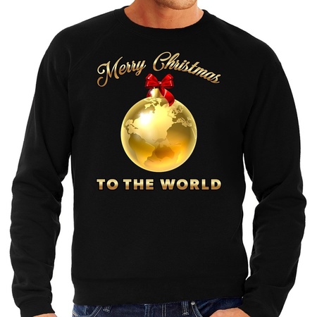 Kersttrui Merry Christmas to the world goud glitter zwart heren