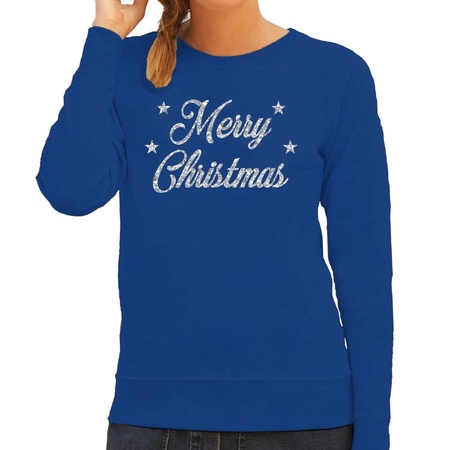 Blue Christmas sweater Merry Christmas silver for women