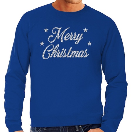 Blue Christmas sweater Merry Christmas silver for men