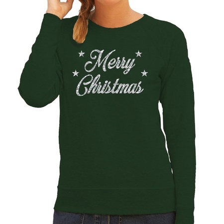 Green Christmas sweater Merry Christmas silver for women