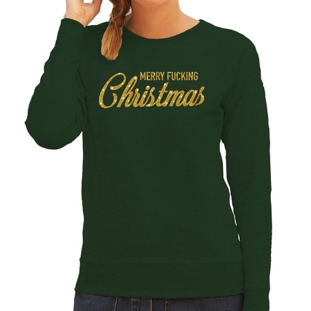 Green Christmas sweater Merry Fucking Christmas gold for women