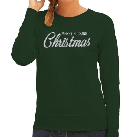 Green Christmas sweater Merry Fucking Christmas silver for women