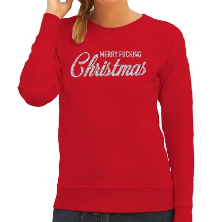 Red Christmas sweater Merry Fucking Christmas silver for women