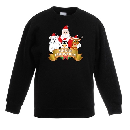 Christmas sweater black with a Santa Claus and friends for kids
