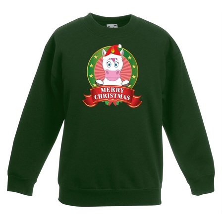 Christmas sweater green with a unicorn for boys and girls