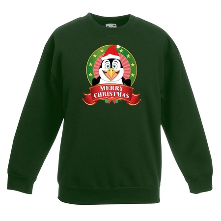 Christmas sweater green with a penguin for boys and girls
