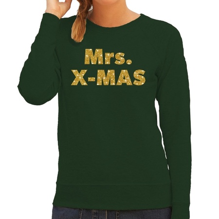 Kersttrui Mrs. x-mas gouden glitter letters groen dames