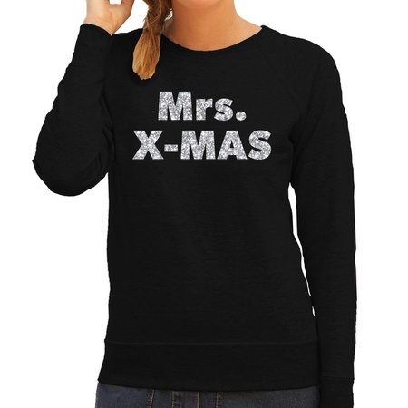 Kersttrui Mrs. x-mas zilveren glitter letters zwart dames