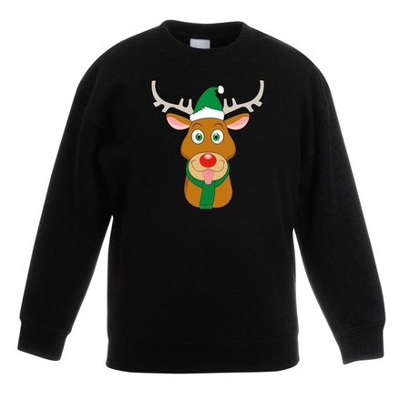Christmas sweater black  Rudolph with green X-mas hat for kids
