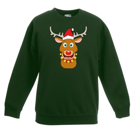 Christmas sweater green  Rudolph with red X-mas hat for kids