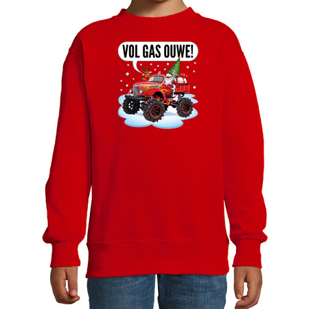 Kersttrui / sweater voor kideren - monstertruck - vol gas - rood